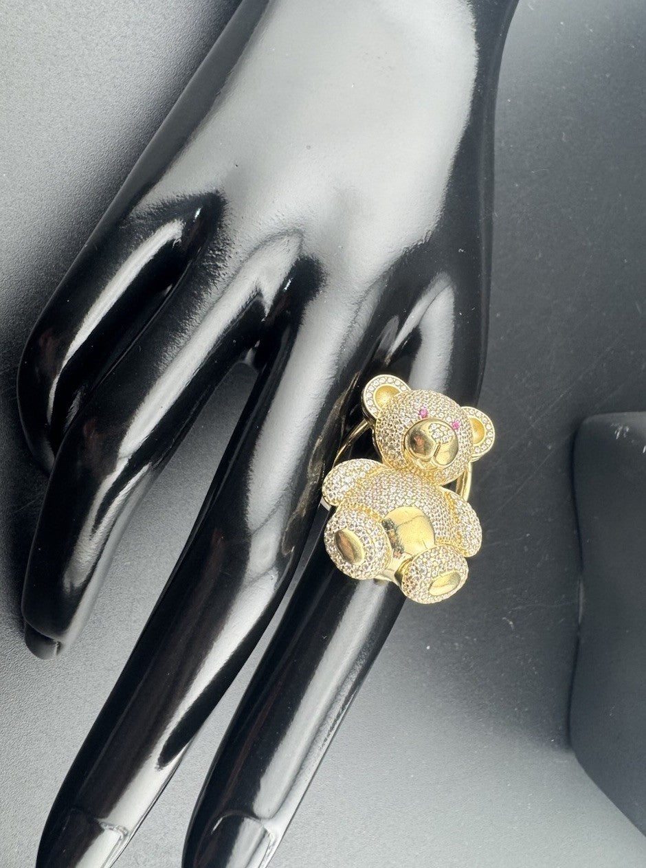 14K Gold Beltran Teddy Bear Ring Sz 7.25 Large 31mm 13.2 Grams Pink Eyes Pave