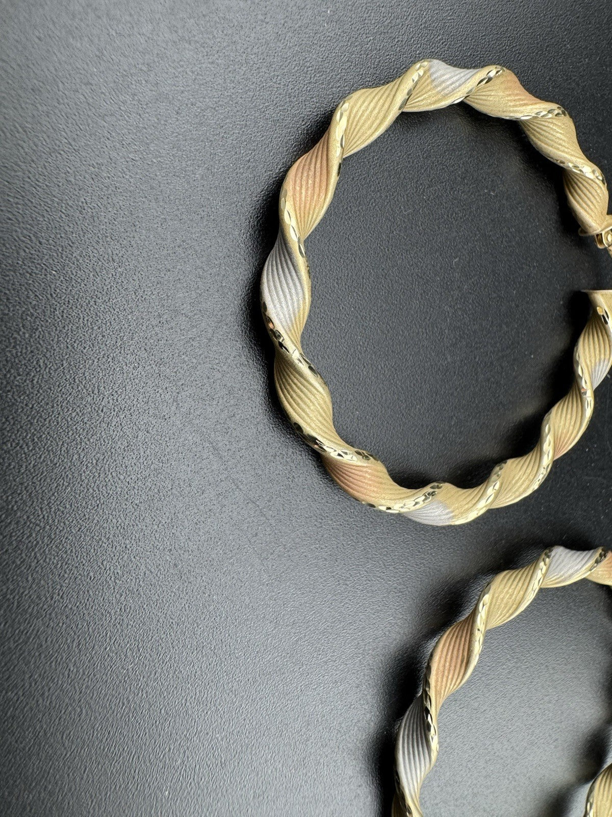 14K Tri-Tone Gold Twist Hoop Earrings Large 48.45mm 5 Grams White Rose Yellow