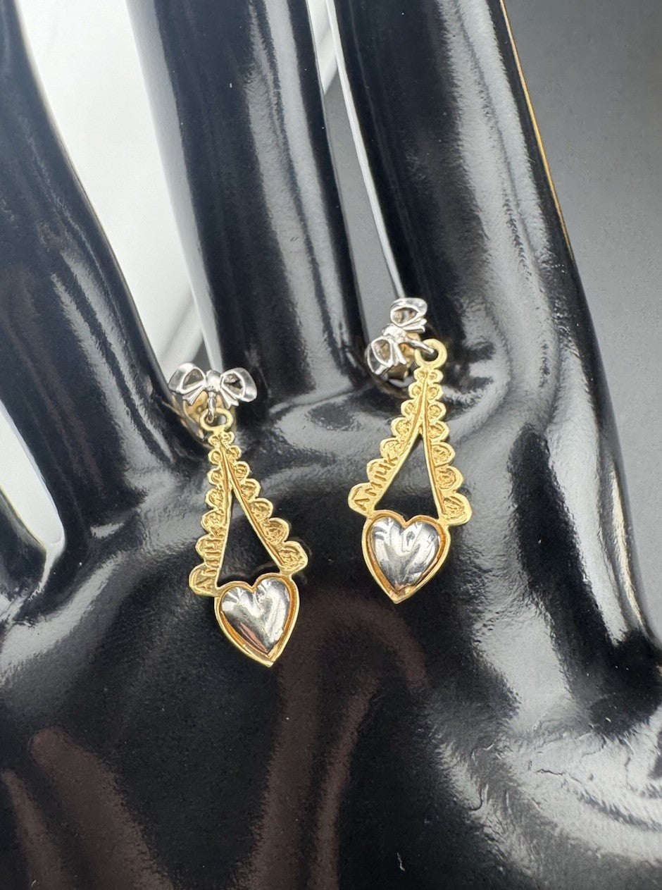 14K Two-Tone Gold Bow Eiffel Heart Dangle Earrings 2.4 Gram 9x24m Butterfly Post