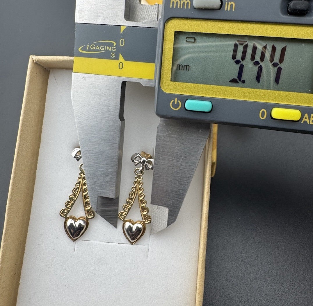 14K Two-Tone Gold Bow Eiffel Heart Dangle Earrings 2.4 Gram 9x24m Butterfly Post