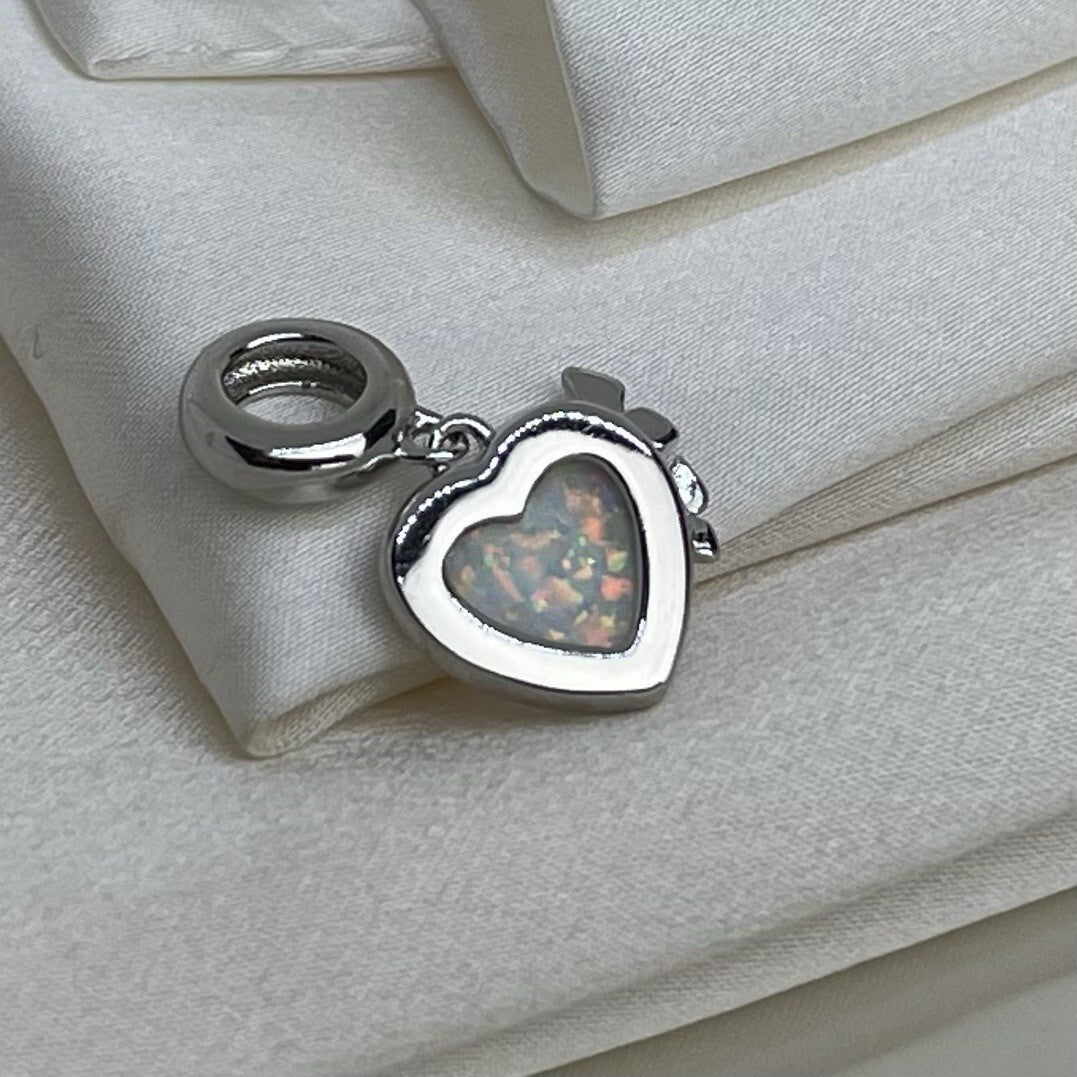 Sterling Silver 925 Enamel Cubic Zirconia Butterflys on Opal Heart Stone Charm