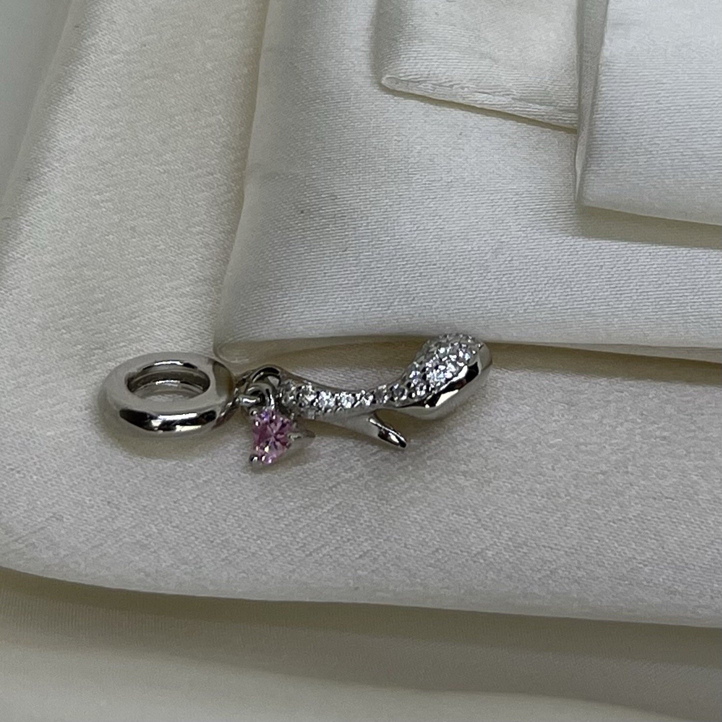 Sterling Silver 925 Pink Heart Cubic Zirconia High Heel Stilettos Dangle Charm