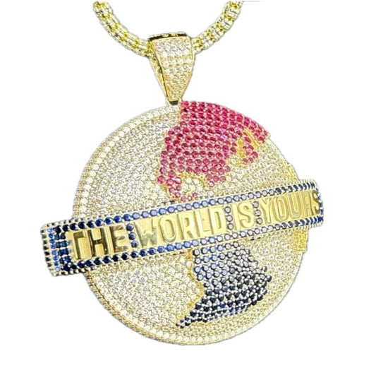 The World Is Yours 🎬 14k Gold Globe World 🌎 Medallion Pendant with CZ Stones 32.5 Grams