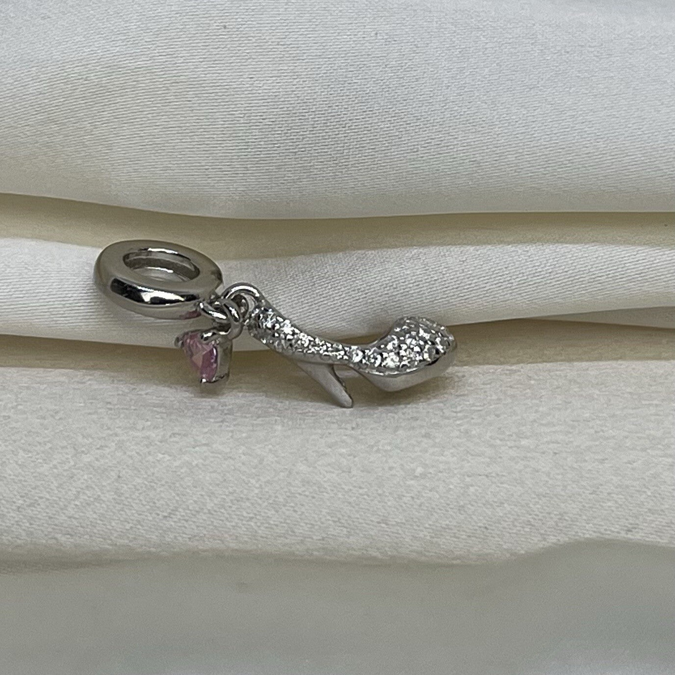 Sterling Silver 925 Pink Heart Cubic Zirconia High Heel Stilettos Dangle Charm