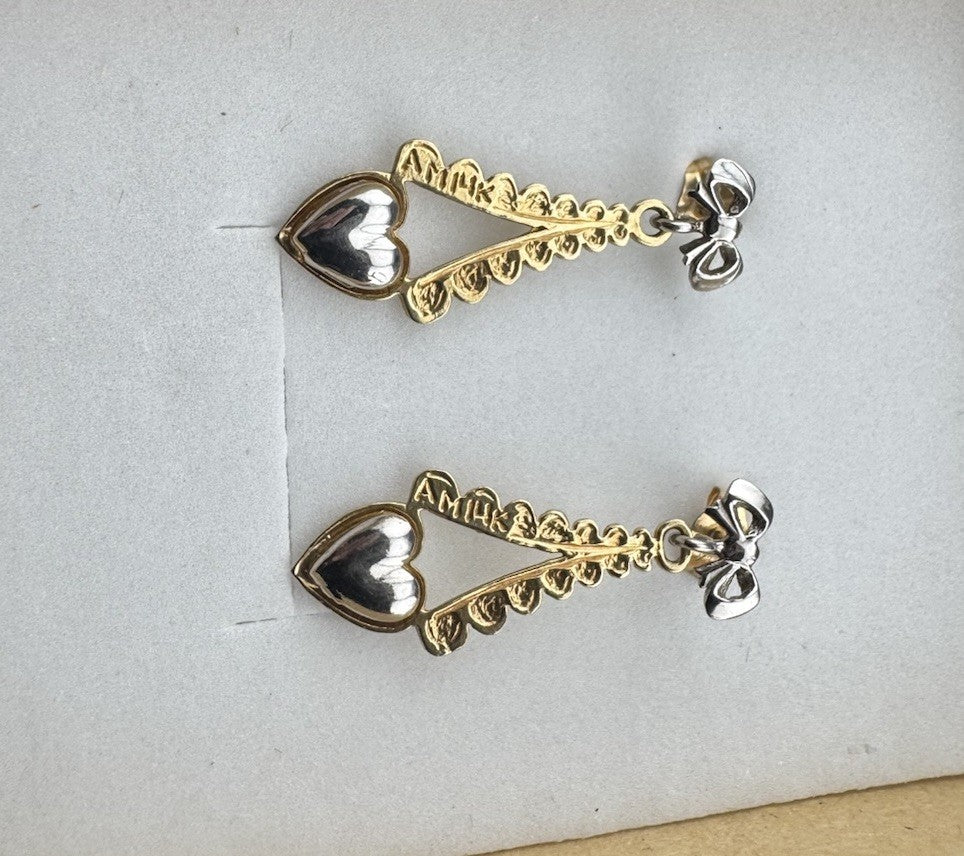 14K Two-Tone Gold Bow Eiffel Heart Dangle Earrings 2.4 Gram 9x24m Butterfly Post