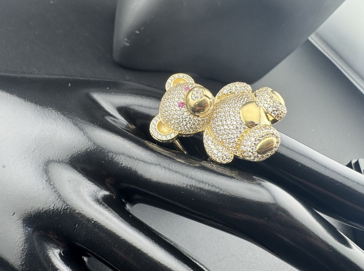 14K Gold Beltran Teddy Bear Ring Sz 7.25 Large 31mm 13.2 Grams Pink Eyes Pave