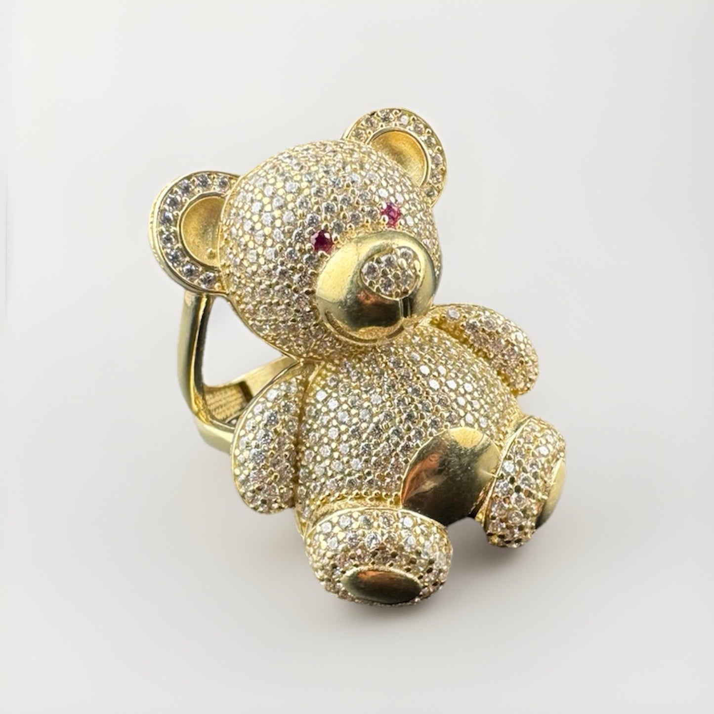 14K Gold Beltran Teddy Bear Ring Sz 7.25 Large 31mm 13.2 Grams Pink Eyes Pave