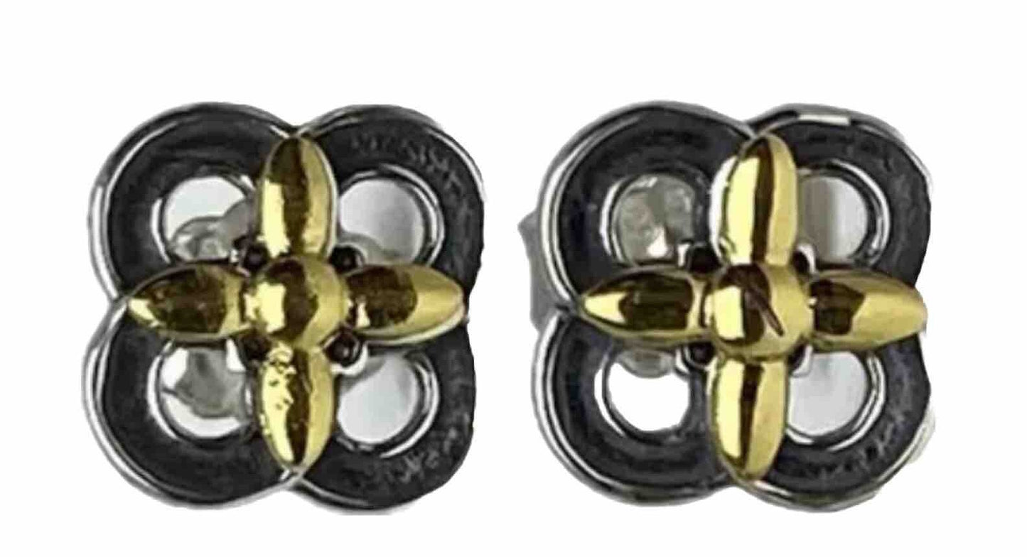 Pandora Sterling Silver 925 14k Yellow Gold Two-Tone Flower Stud Earrings