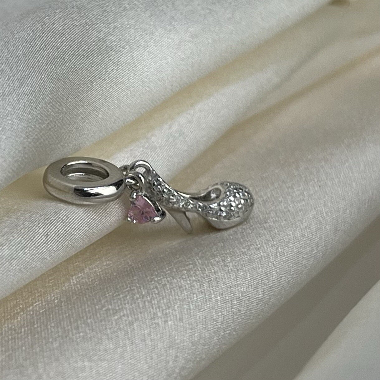 Sterling Silver 925 Pink Heart Cubic Zirconia High Heel Stilettos Dangle Charm
