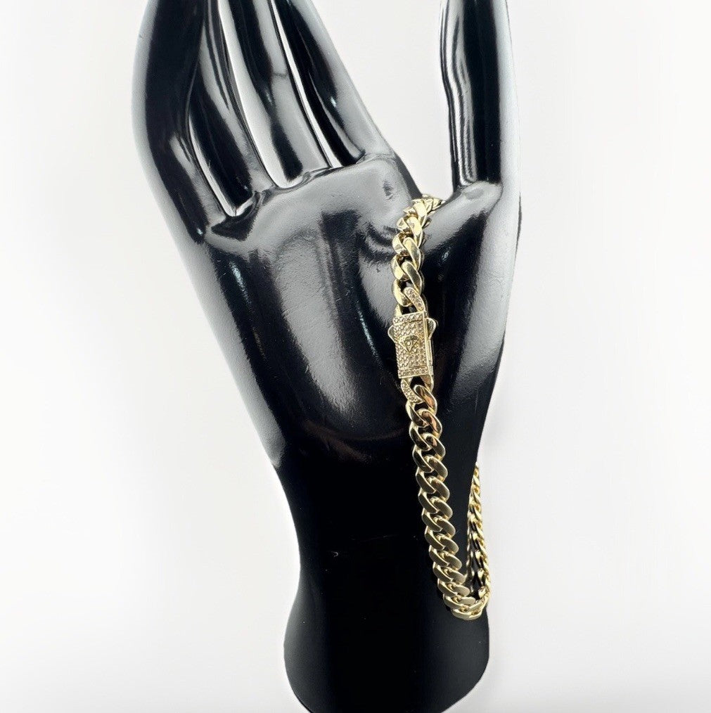 14K Gold Miami Cuban Link Anklet 10in 7.22mm 13.5g CZ Emblem Bail Push Lock *