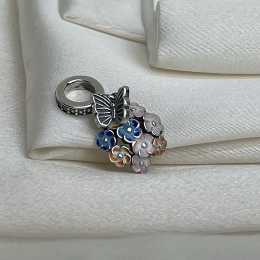 Sterling Silver 925 Enamel Cubic Zirconia Butterfly on Colorful Flowers Charm