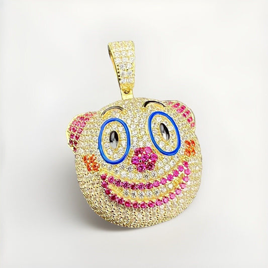 Cara de emoji de payaso 🤡 Colgante chapado en oro 925 de 12,4 g con micro circonitas y detalles de esmalte - 37,37 x 26,68 mm