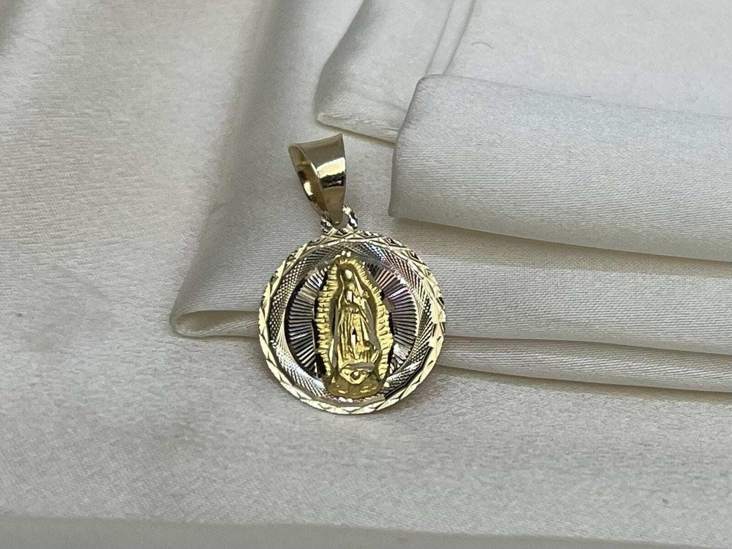 Gold Virgin Mary Guadalupe 14K Solid Gold Round Pendant Charm – 15mm, 1.6 Grams