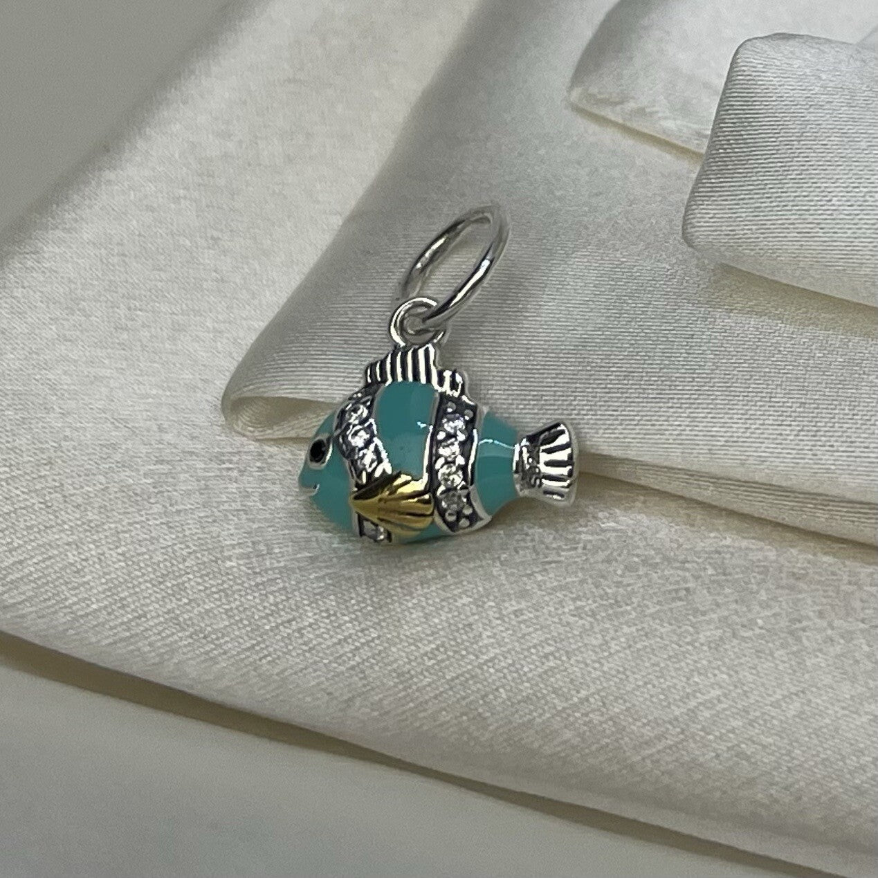 Sterling Silver 925 14k Gold Plated Blue Enamel Cubic Zirconia Fish Dangle Charm