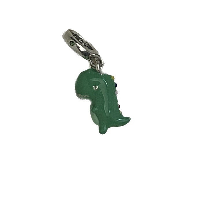 Sterling Silver 925 Green CZ Stone Enamel Anime Dragon, Dinosaur Dangle Charm
