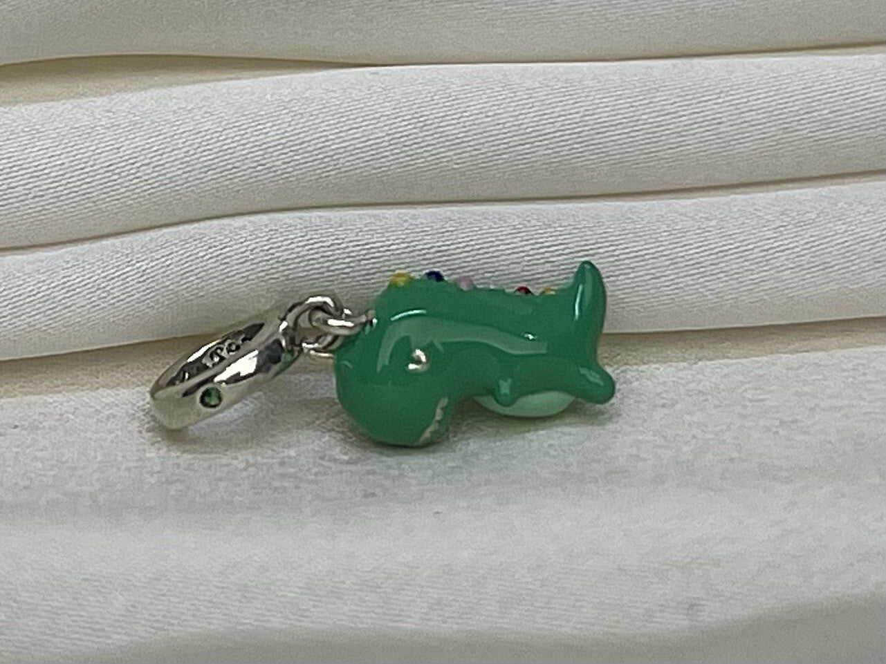 Sterling Silver 925 Green CZ Stone Enamel Anime Dragon, Dinosaur Dangle Charm
