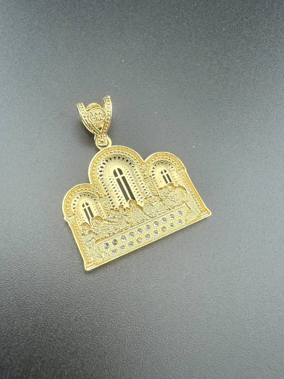 14K Yellow Gold 3D Last Supper Church Pendant 4G CZ Stone Glamour Large 34x30mm