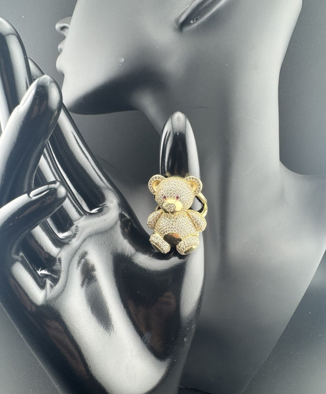 14K Gold Beltran Teddy Bear Ring Sz 7.25 Large 31mm 13.2 Grams Pink Eyes Pave