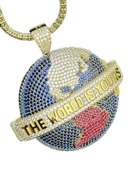 The World Is Yours 🎬 14k Gold Globe World 🌎 Medallion Pendant with CZ Stones 63.93mm