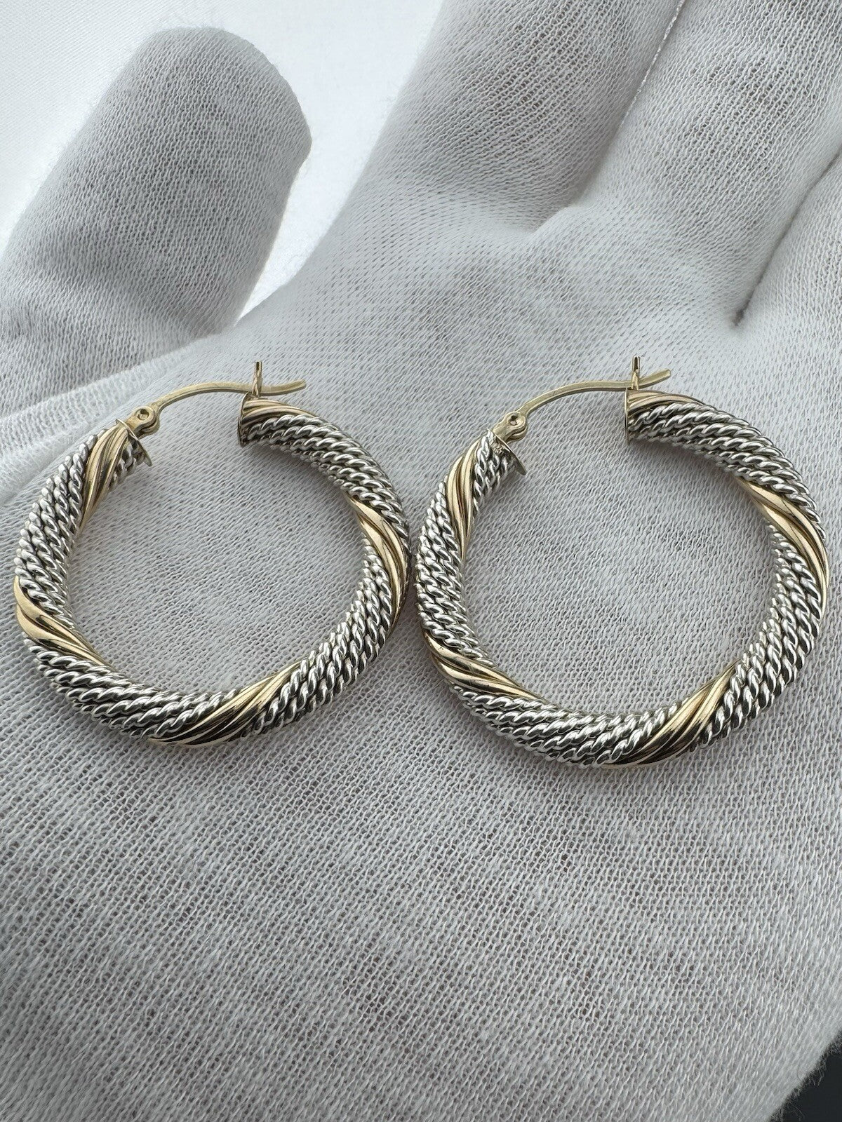 14K Yellow Gold 7.8G Huggie Hoop Earrings Cable Wrap Texture 33mm Length 925