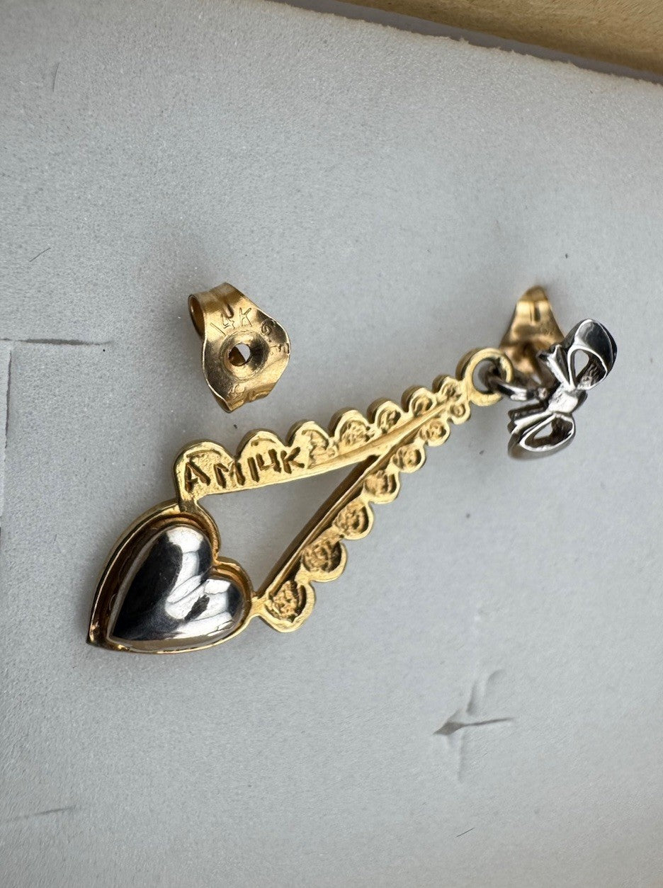 14K Two-Tone Gold Bow Eiffel Heart Dangle Earrings 2.4 Gram 9x24m Butterfly Post