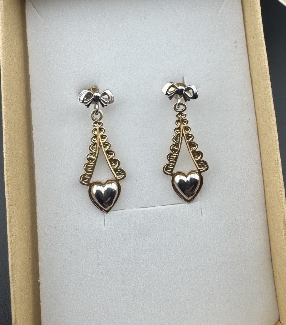 14K Two-Tone Gold Bow Eiffel Heart Dangle Earrings 2.4 Gram 9x24m Butterfly Post