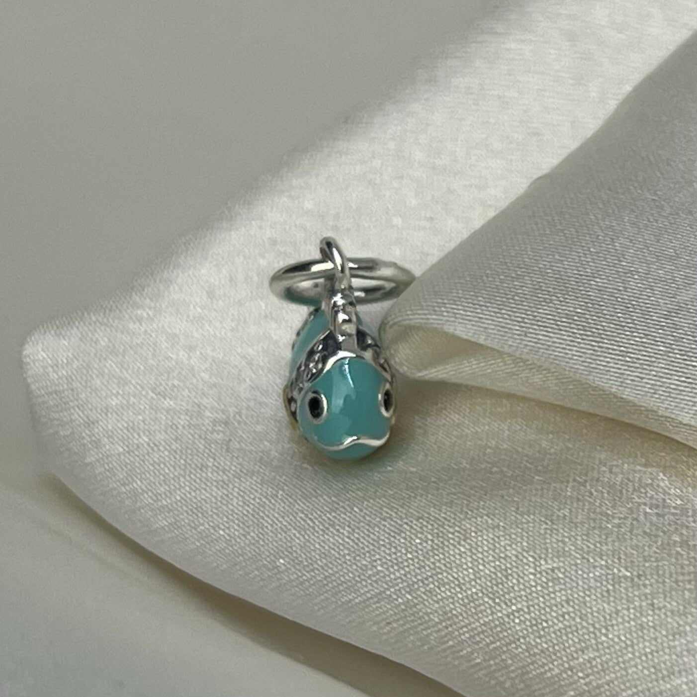 Sterling Silver 925 14k Gold Plated Blue Enamel Cubic Zirconia Fish Dangle Charm