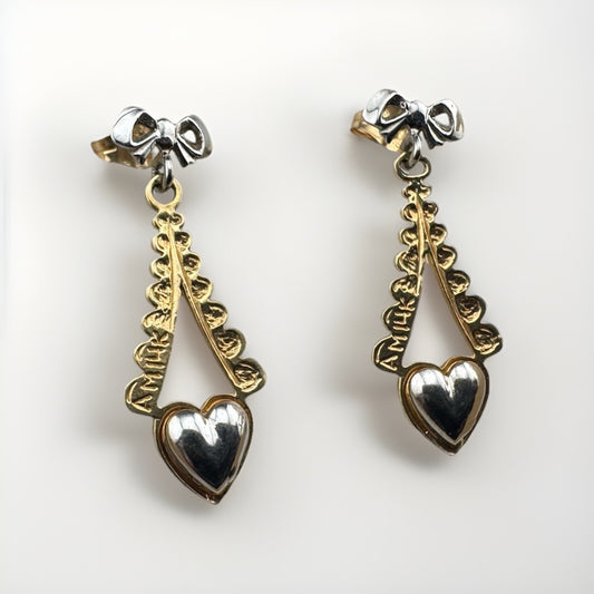 14K Two-Tone Gold Bow Eiffel Heart Dangle Earrings 2.4 Gram 9x24m Butterfly Post