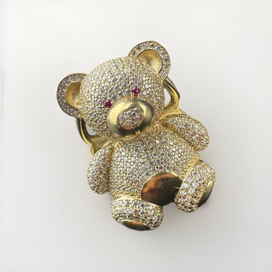 14K Gold Beltran Teddy Bear Ring Sz 7.25 Large 31mm 13.2 Grams Pink Eyes Pave