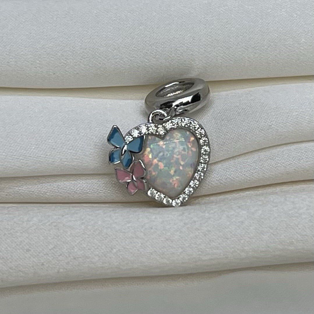 Sterling Silver 925 Enamel Cubic Zirconia Butterflys on Opal Heart Stone Charm