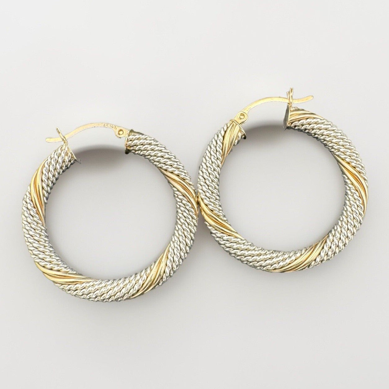 14K Yellow Gold 7.8G Huggie Hoop Earrings Cable Wrap Texture 33mm Length 925