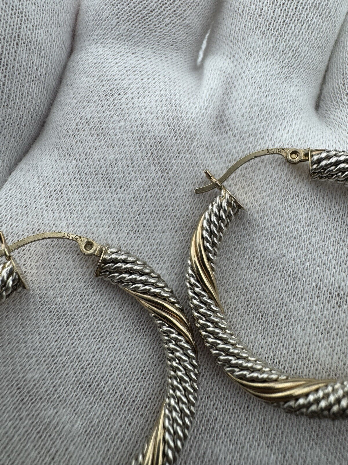 14K Yellow Gold 7.8G Huggie Hoop Earrings Cable Wrap Texture 33mm Length 925