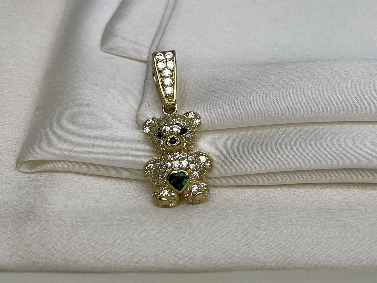 Beltran Jewelry Teddy Bear 14K Gold Green CZ Charm Pendant – 26x11mm 3.1 Grams