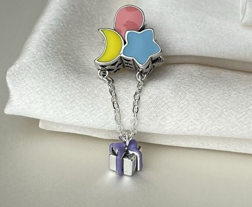 Sterling Silver 925 Enamel Star Moon Balloon Dangling Present Hearts Baby Charm