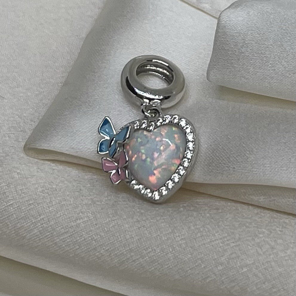 Sterling Silver 925 Enamel Cubic Zirconia Butterflys on Opal Heart Stone Charm