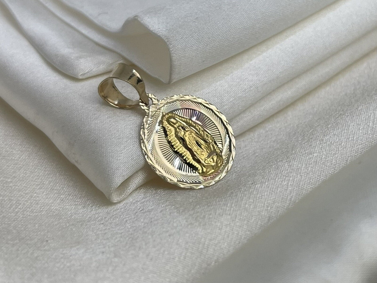Gold Virgin Mary Guadalupe 14K Solid Gold Round Pendant Charm – 15mm, 1.6 Grams