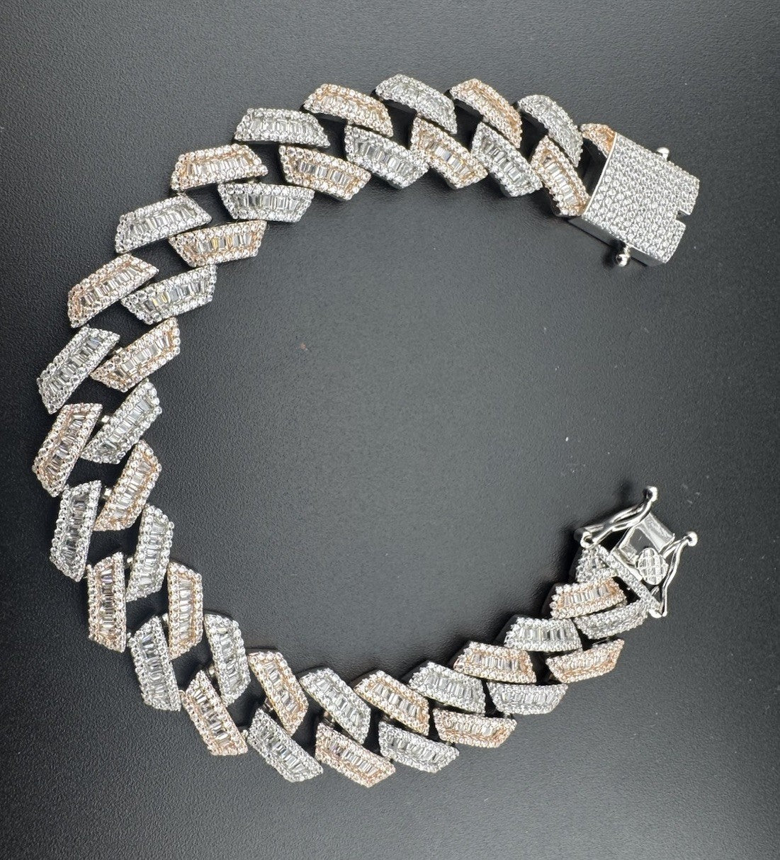 925 Silver Rose Gold Cuban Link Bracelet 8.5in 14mm Iced CZ Baguette 50.9 Grams