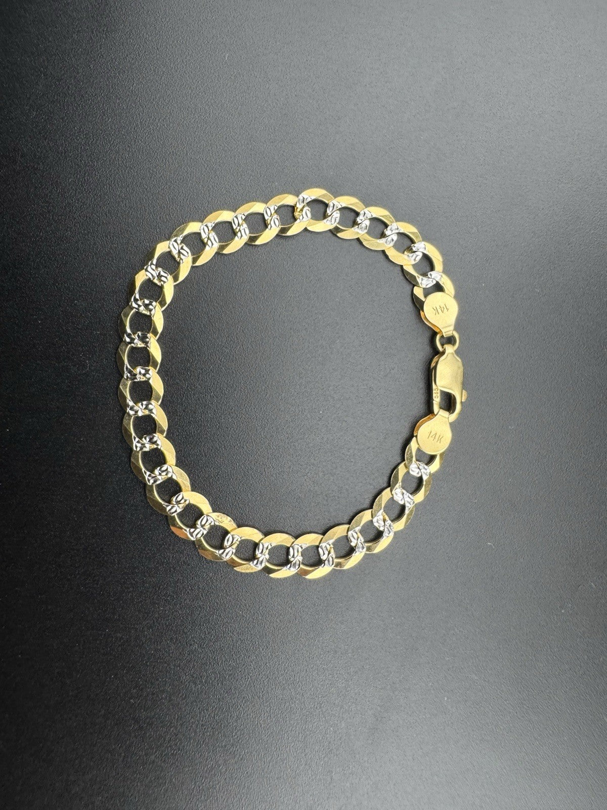 Pulsera Clásica Oro Amarillo 14K Eslabón Cubano Freno 7mm 7in Corte Diamante 9.5 Gramos