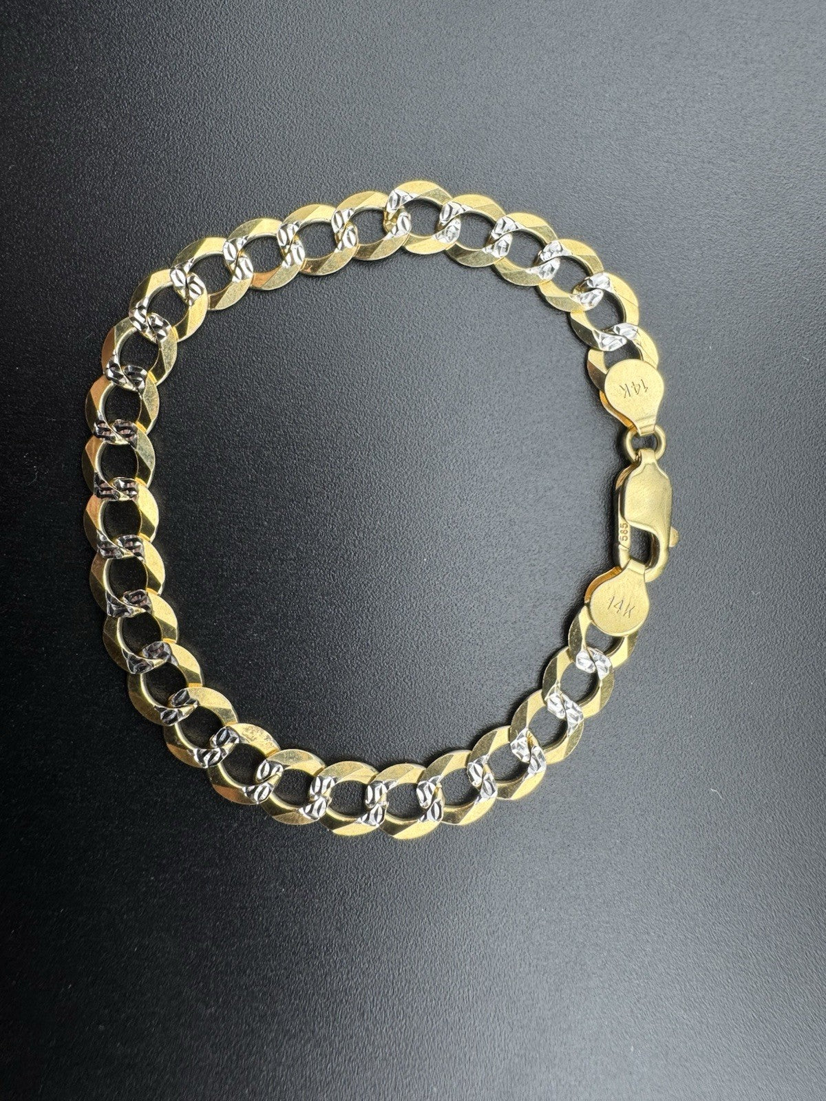 Pulsera Clásica Oro Amarillo 14K Eslabón Cubano Freno 7mm 7in Corte Diamante 9.5 Gramos