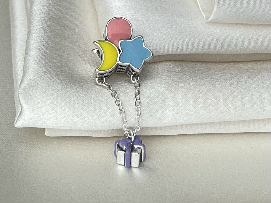 Sterling Silver 925 Enamel Star Moon Balloon Dangling Present Hearts Baby Charm