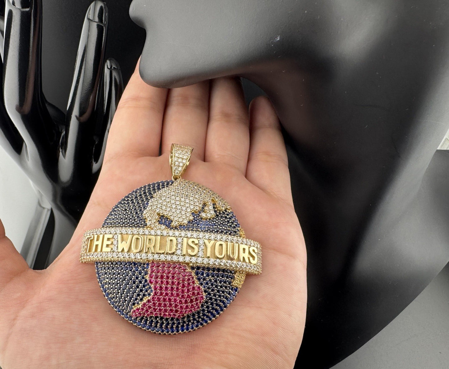 The World Is Yours 🎬 14k Gold Globe World 🌎 Medallion Pendant with CZ Stones 63.93mm