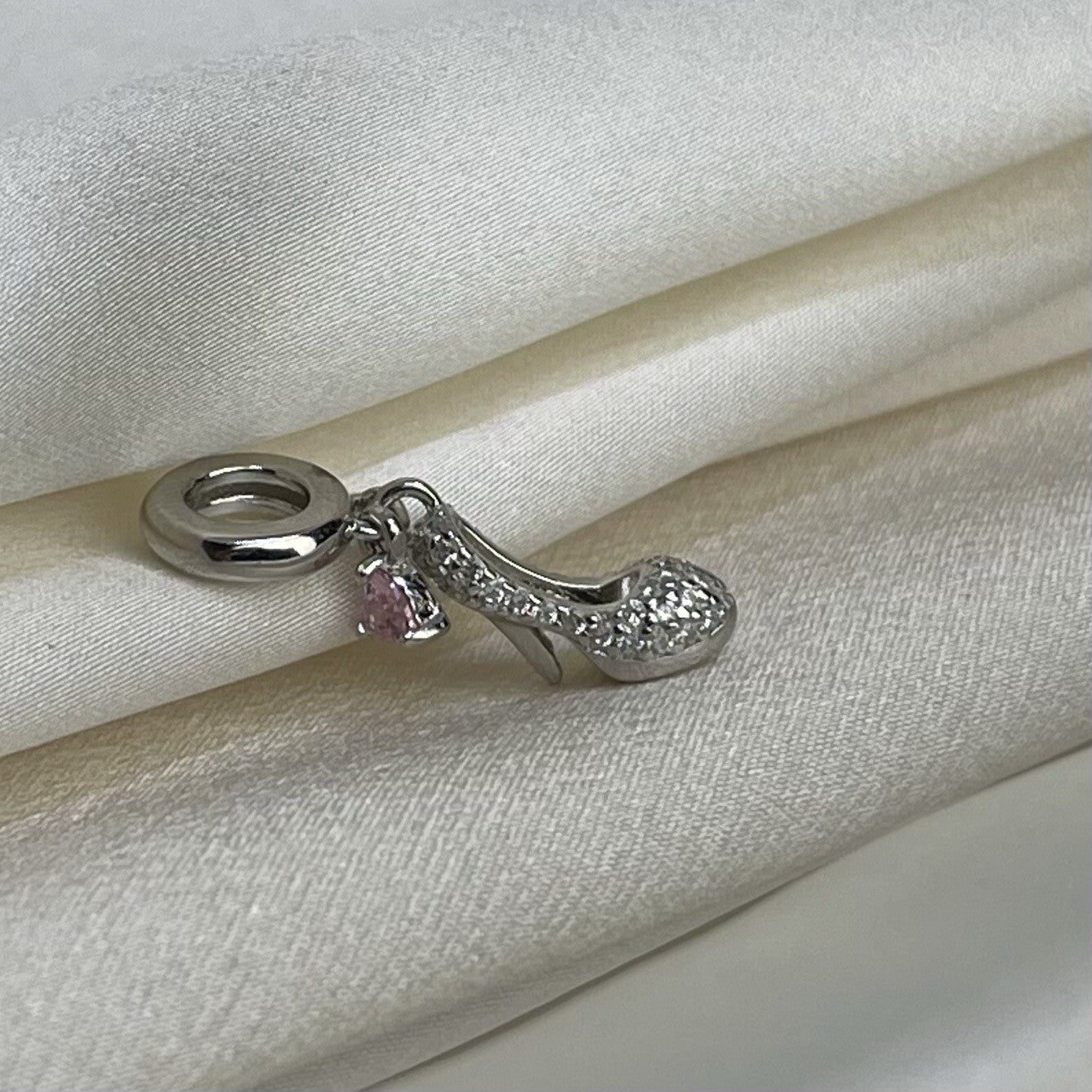 Sterling Silver 925 Pink Heart Cubic Zirconia High Heel Stilettos Dangle Charm