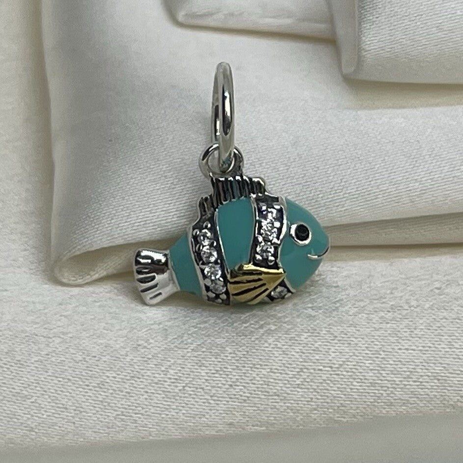 Sterling Silver 925 14k Gold Plated Blue Enamel Cubic Zirconia Fish Dangle Charm