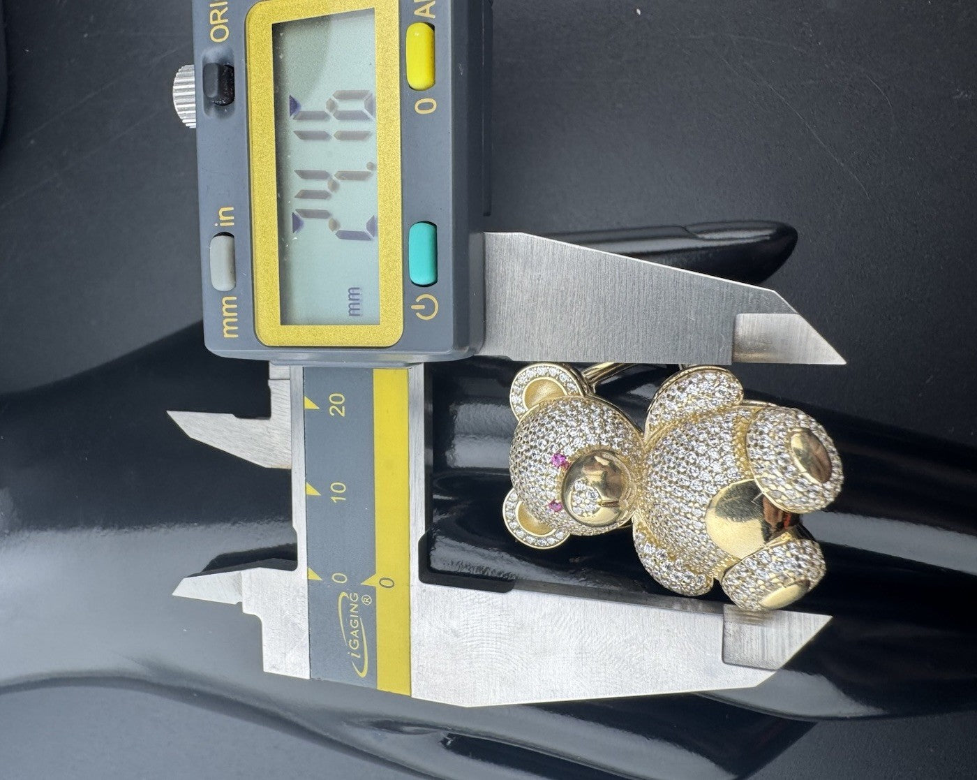 14K Gold Beltran Teddy Bear Ring Sz 7.25 Large 31mm 13.2 Grams Pink Eyes Pave