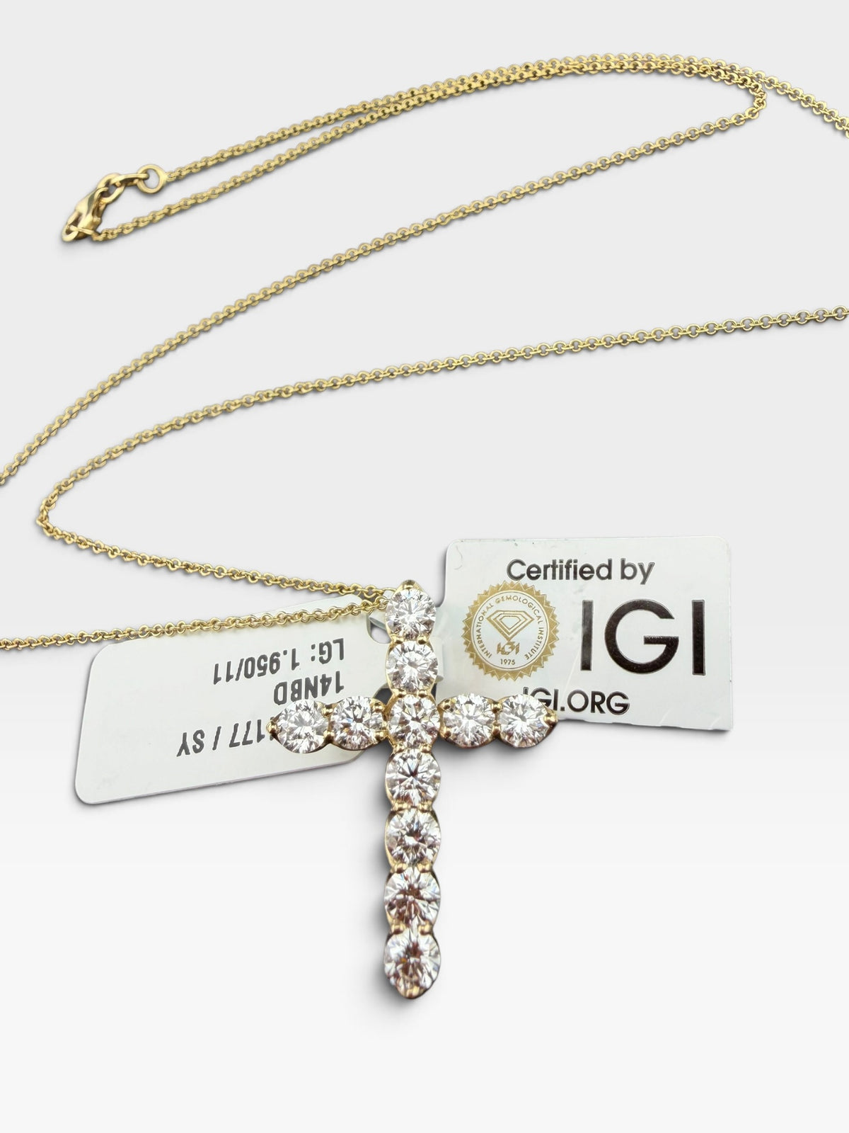 14K Yellow Gold Lab Grown Diamond Cross Pendant 18in Necklace ~2ct IGI