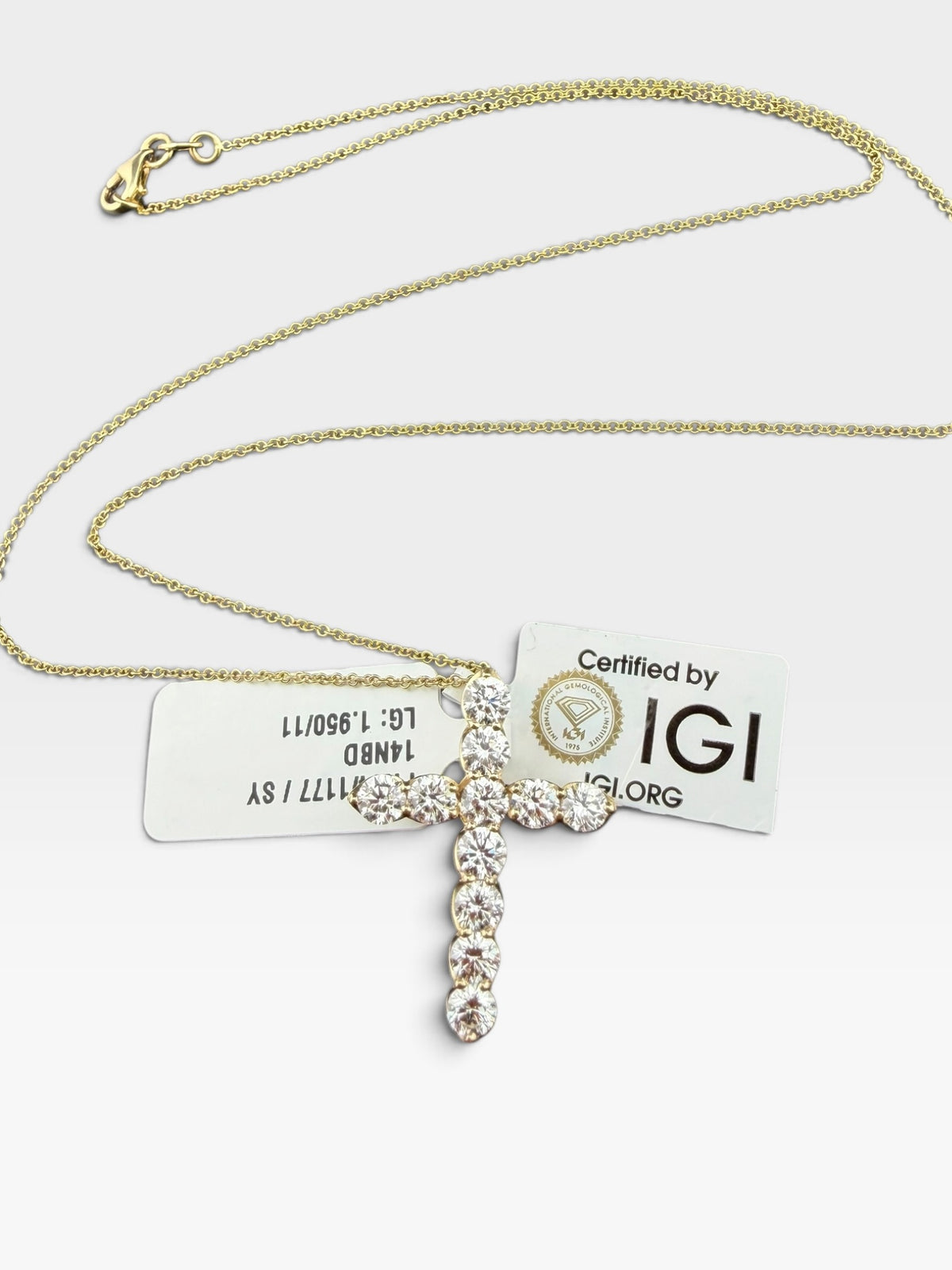 14K Yellow Gold Lab Grown Diamond Cross Pendant 18in Necklace ~2ct IGI