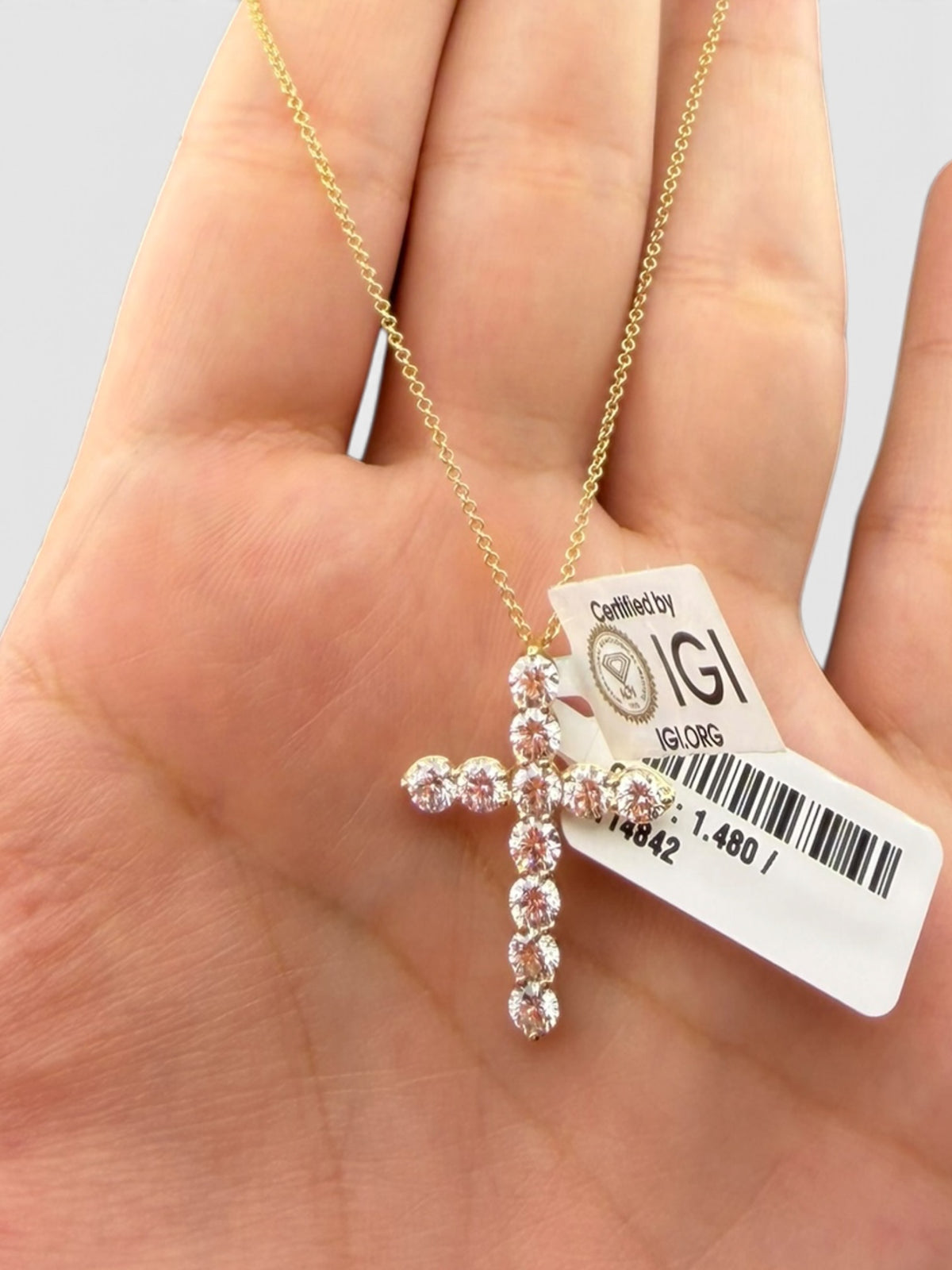 14K Yellow Gold Lab Grown Diamond Cross Pendant 18in Necklace ~2ct IGI