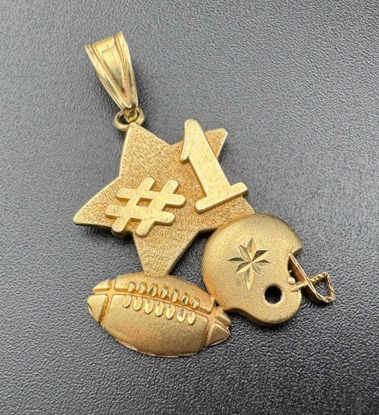 14K Gold Number #1 Star Football Player Helmet 3D Pendant CutOut 19x28 2.4 Grams