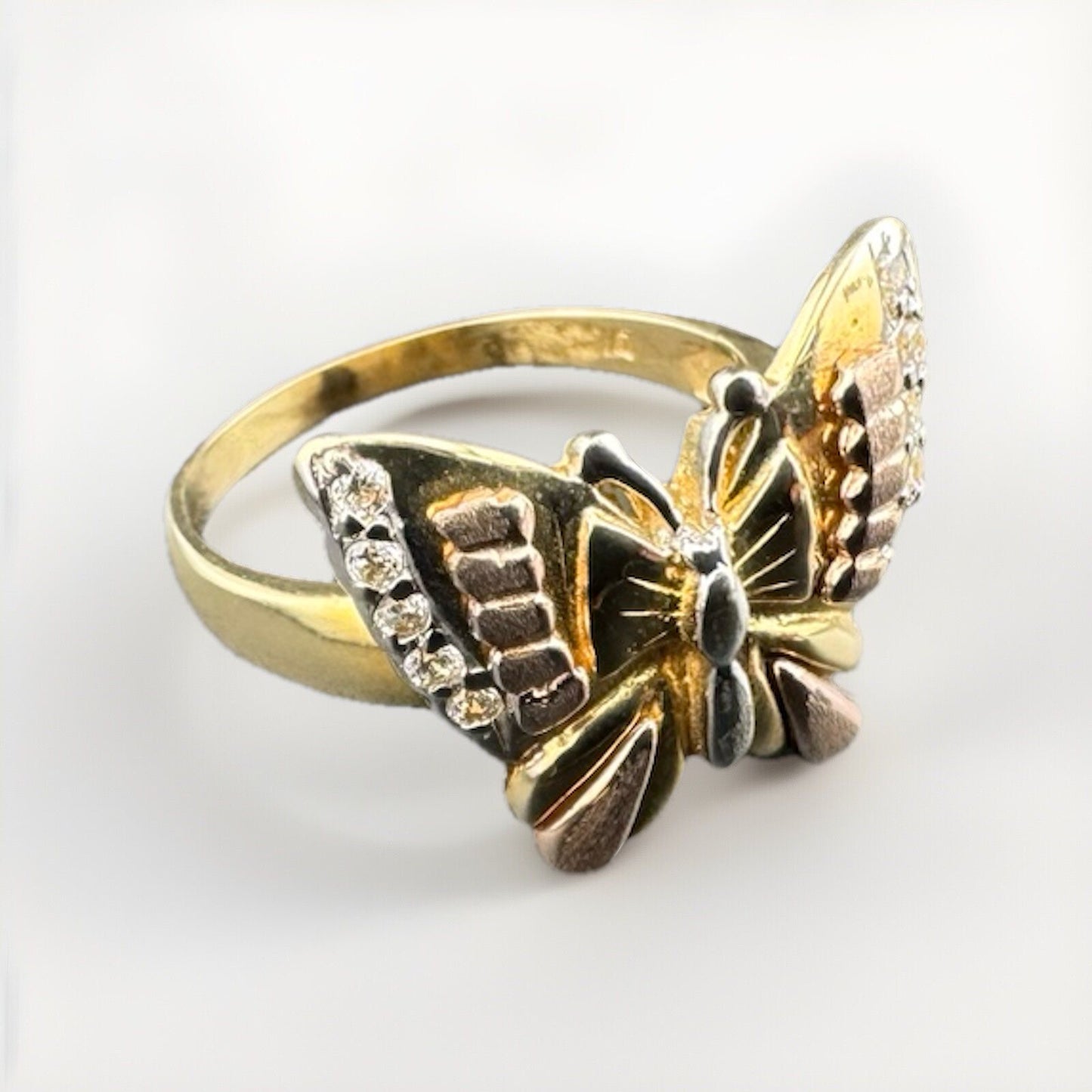 14K Tri-Tone Gold Butterfly Ring Sz 5.5 4.8G Rose White Yellow Gold Simu Diamond