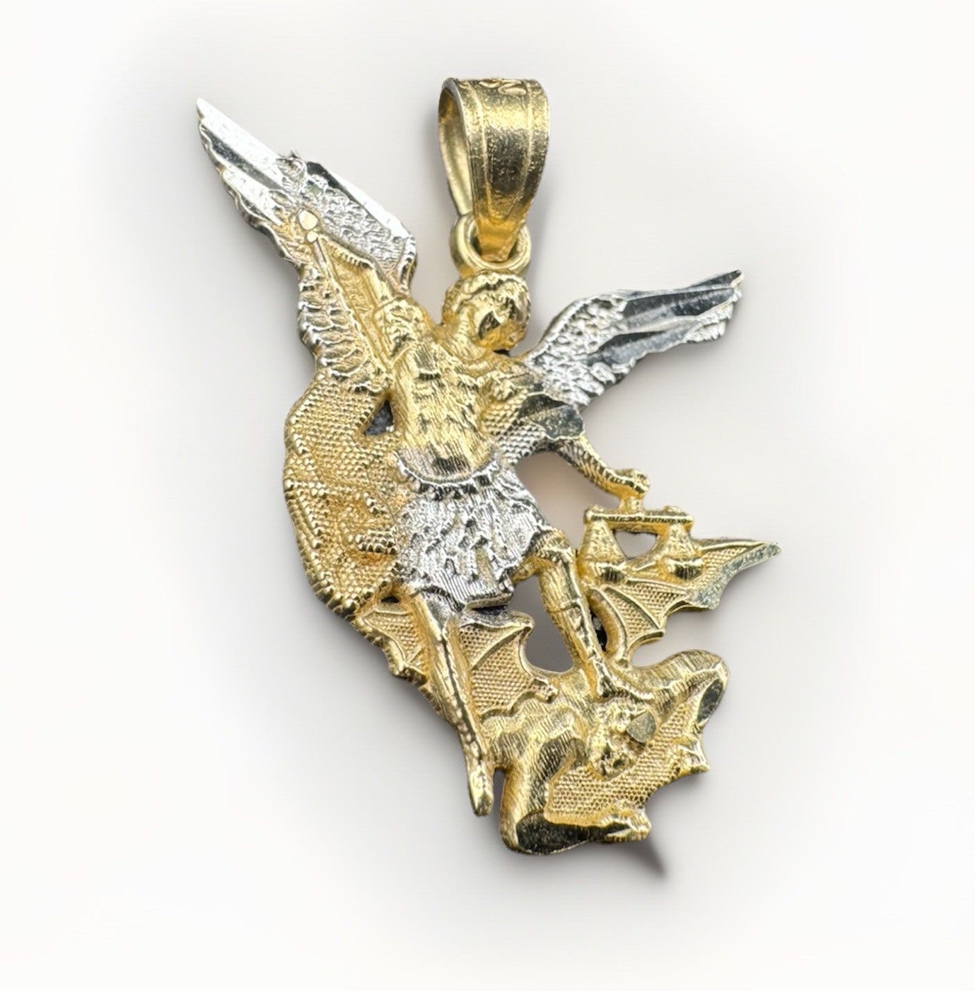 14K 2 Tone Gold 3D Saint Michael Archangel Stepping On Demon Pendant 1.8 Grams